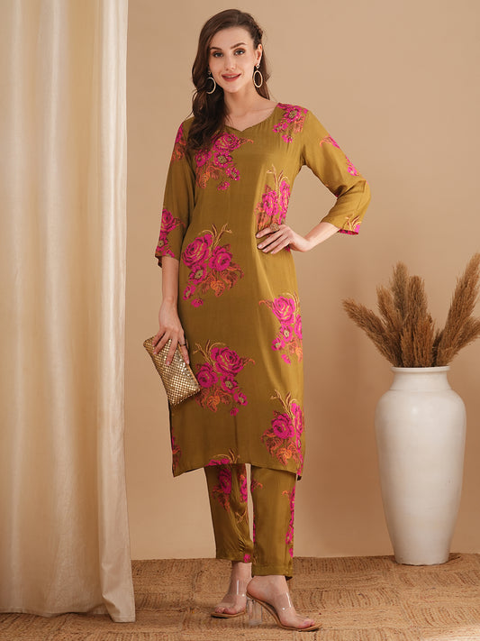 Abstract Floral Printed & Embroidered Straight Fit Kurta with Pant - Olive Green