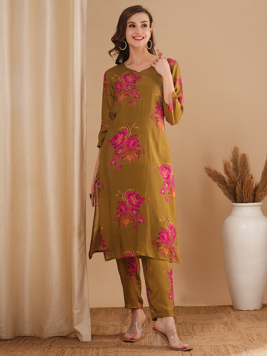 Abstract Floral Printed & Embroidered Straight Fit Kurta with Pant - Olive Green