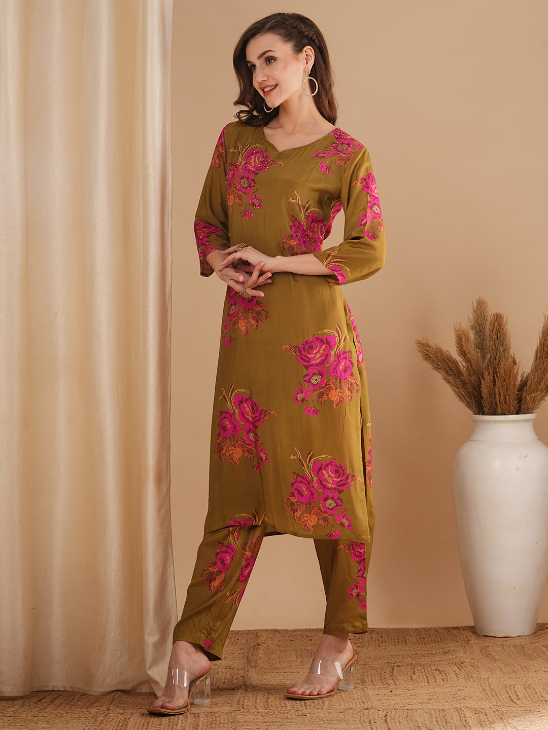 Abstract Floral Printed & Embroidered Straight Fit Kurta with Pant - Olive Green