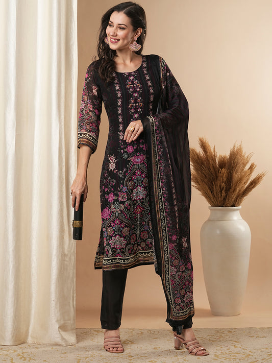 Ethnic Floral Printed & Embroidered Straight Kurta with Pant & Dupatta - Black