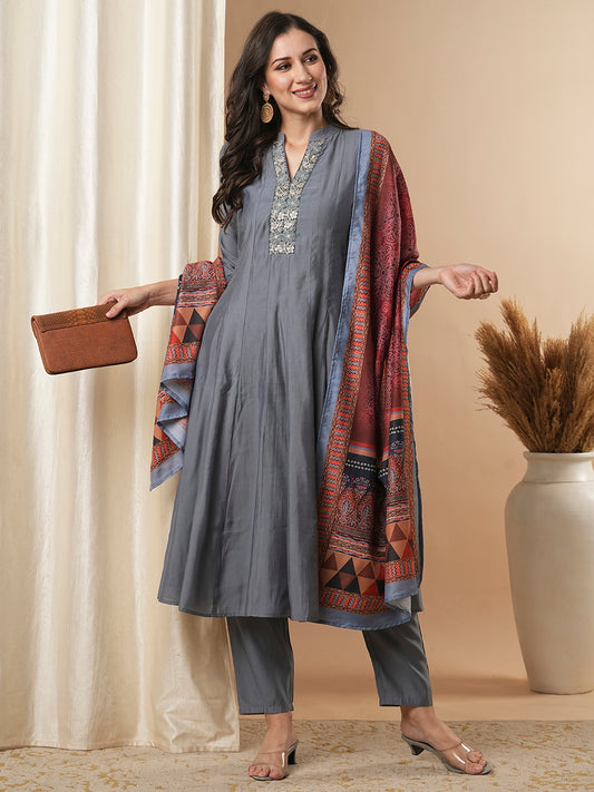 Solid Ethnic Embroidered Anarkali Flared Kurta with Pant & Dupatta - Grey