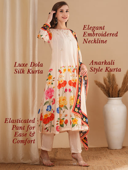 Floral Printed & Embroidered Anarkali Flared Kurta with Pant and Dupatta - Cream