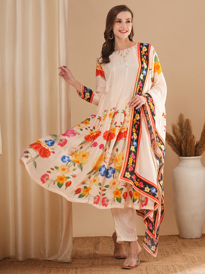 Floral Printed & Embroidered Anarkali Flared Kurta with Pant and Dupatta - Cream