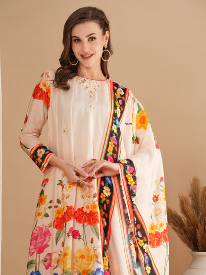 Floral Printed & Embroidered Anarkali Flared Kurta with Pant and Dupatta - Cream