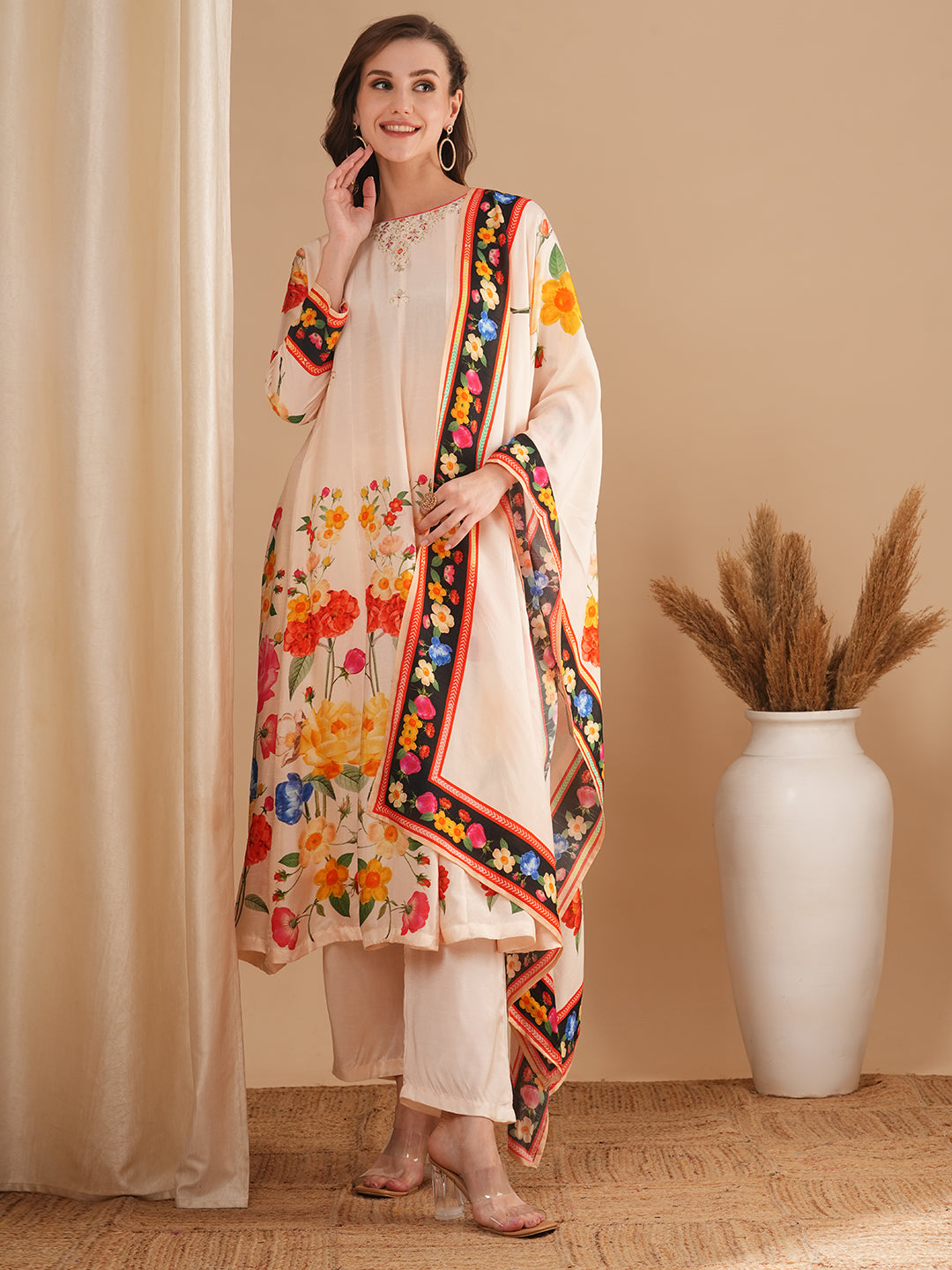 Floral Printed & Embroidered Anarkali Flared Kurta with Pant and Dupatta - Cream