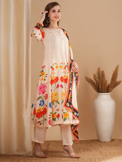 Floral Printed & Embroidered Anarkali Flared Kurta with Pant and Dupatta - Cream