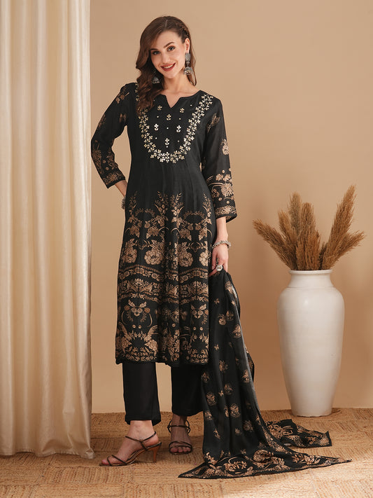 Ethnic Floral Printed & Embroidered Anarkali Flared Kurta with Pant and Dupatta - Black