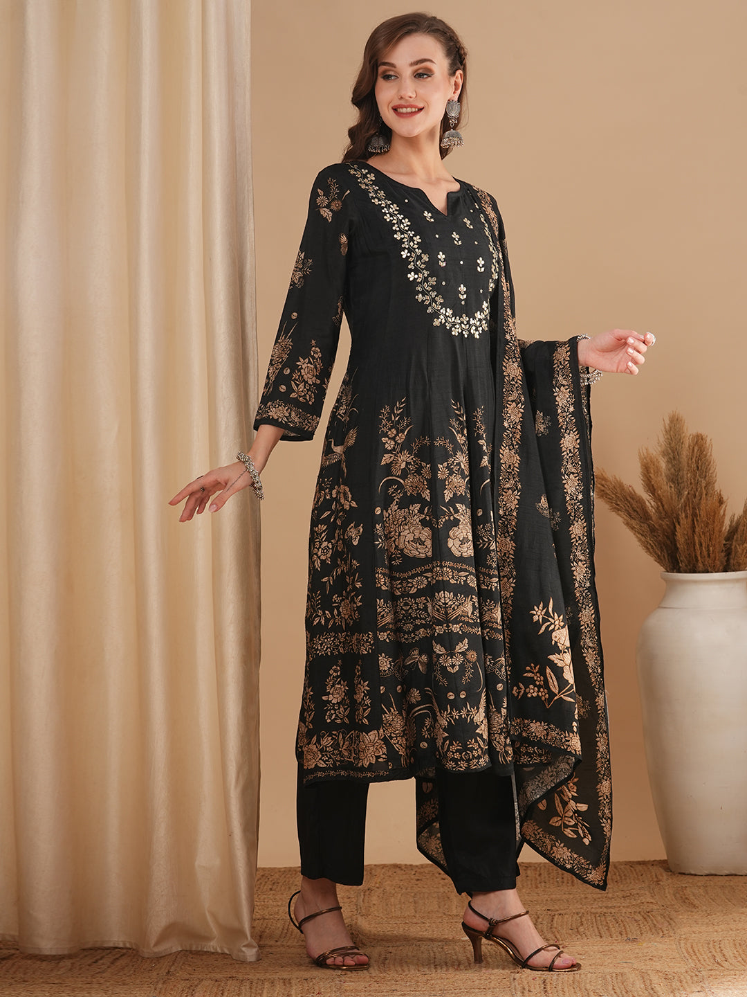 Ethnic Floral Printed & Embroidered Anarkali Flared Kurta with Pant and Dupatta - Black