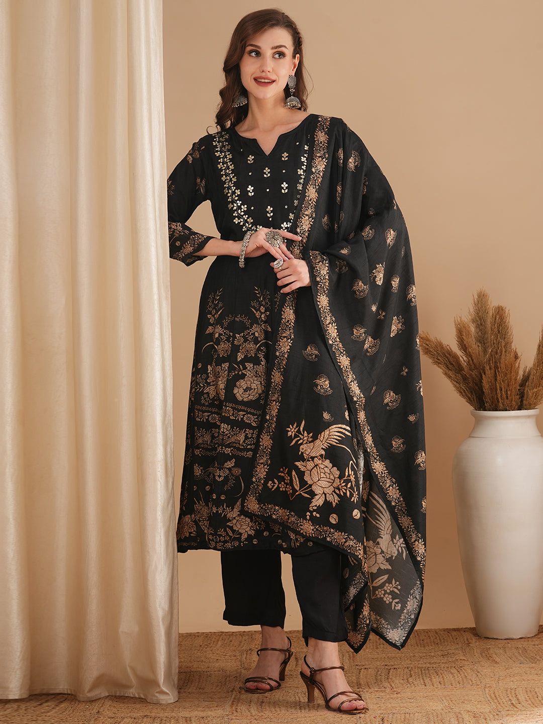 Ethnic Floral Printed & Embroidered Anarkali Flared Kurta with Pant and Dupatta - Black