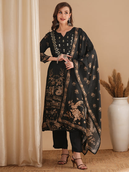 Ethnic Floral Printed & Embroidered Anarkali Flared Kurta with Pant and Dupatta - Black