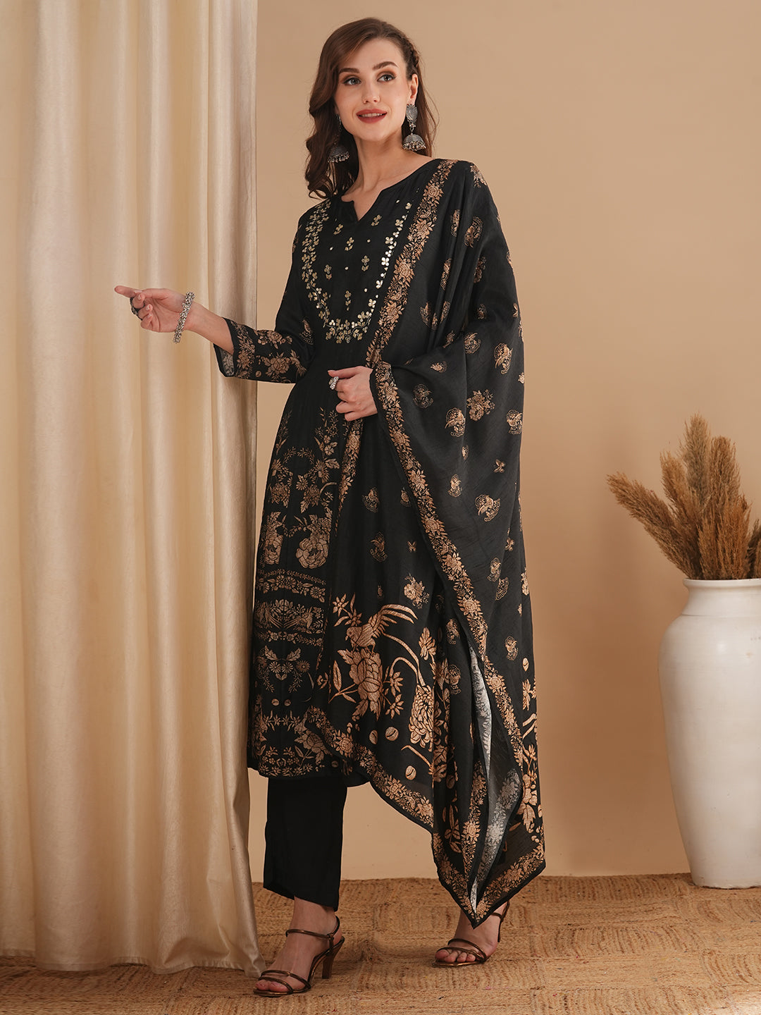 Ethnic Floral Printed & Embroidered Anarkali Flared Kurta with Pant and Dupatta - Black