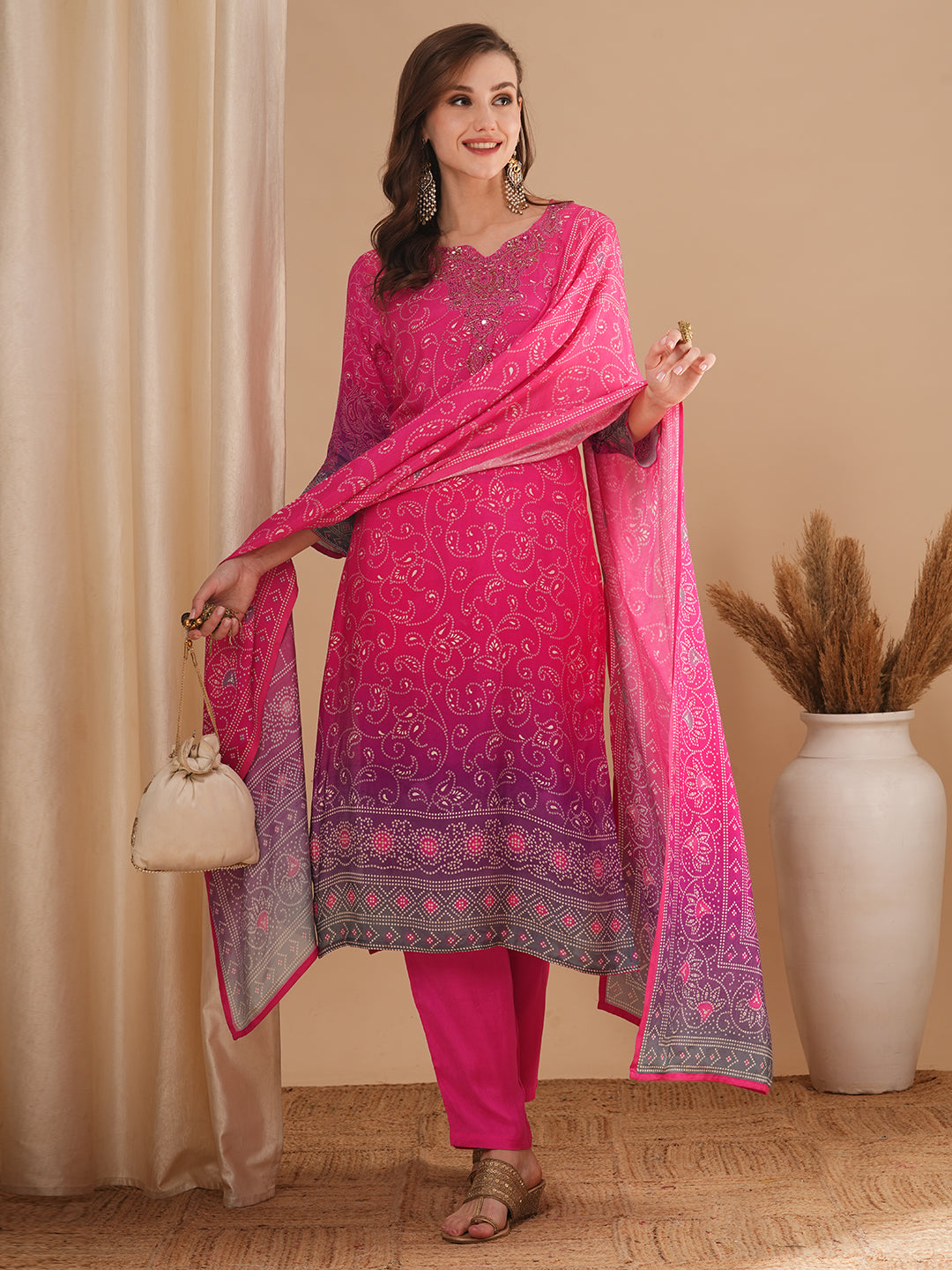 Bandhani Printed & Hand Embroidered Straight Fit Kurta with Pant & Dupatta - Pink