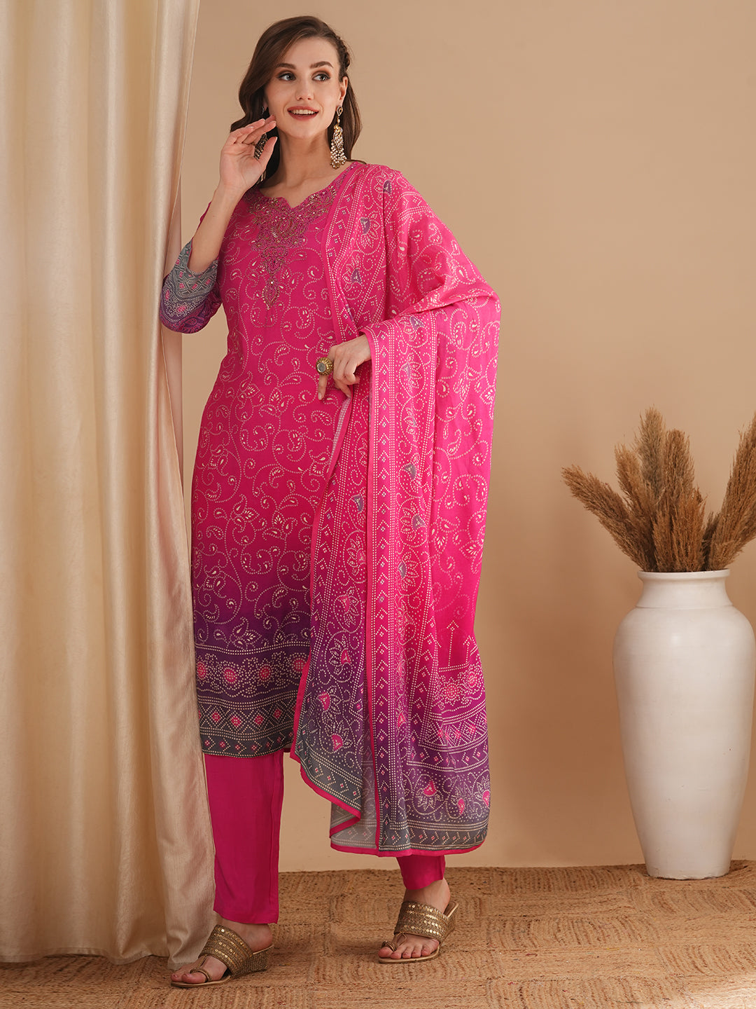 Bandhani Printed & Hand Embroidered Straight Fit Kurta with Pant & Dupatta - Pink