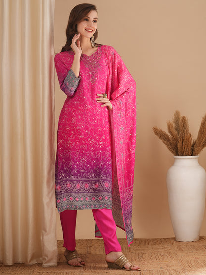 Bandhani Printed & Hand Embroidered Straight Fit Kurta with Pant & Dupatta - Pink