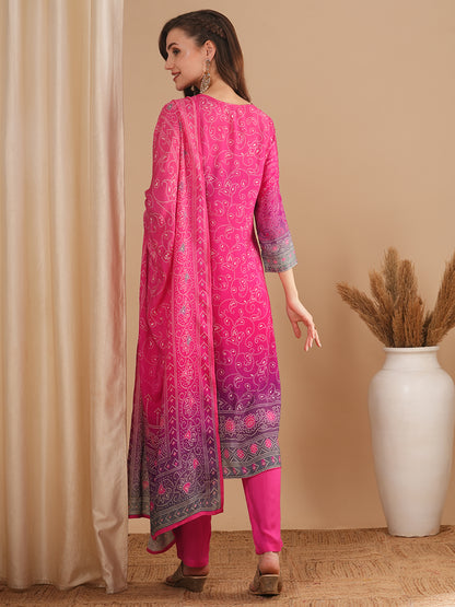 Bandhani Printed & Hand Embroidered Straight Fit Kurta with Pant & Dupatta - Pink