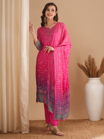 Bandhani Printed & Hand Embroidered Straight Fit Kurta with Pant & Dupatta - Pink