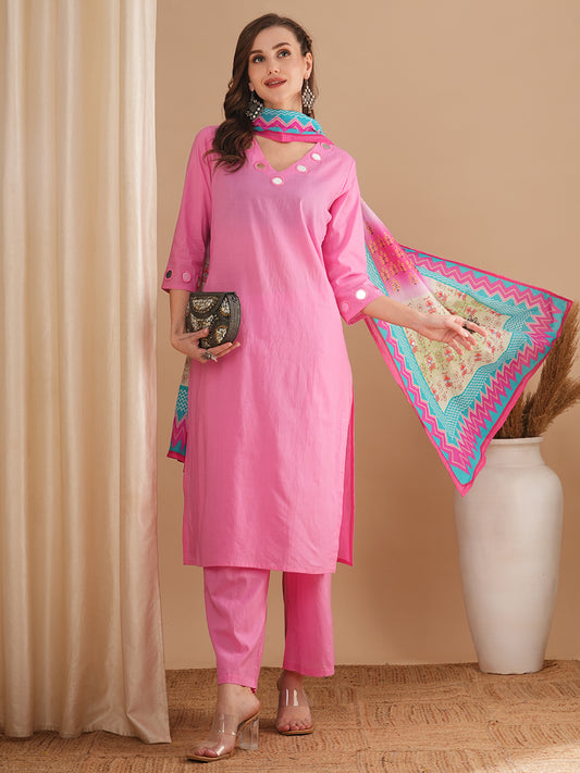 Solid Mirror Work Straight Fit Kurta with Palazzo & Printed Dupatta - Pink