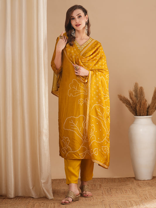 Bandhani Printed & Embroidered Straight Fit Kurta with Pant & Dupatta - Mustard