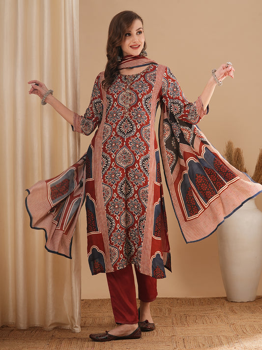 Ethnic Printed & Embroidered Straight Kurta with Pant & Dupatta - Rust