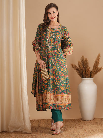 Ethnic Floral Printed & Embroidered Anarkali Flared Kurta with Pant and Dupatta - Green