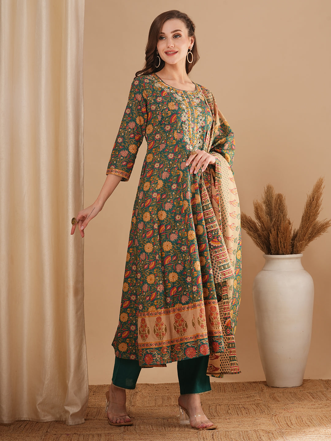 Ethnic Floral Printed & Embroidered Anarkali Flared Kurta with Pant and Dupatta - Green