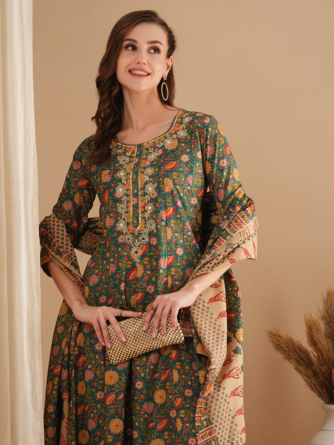 Ethnic Floral Printed & Embroidered Anarkali Flared Kurta with Pant and Dupatta - Green