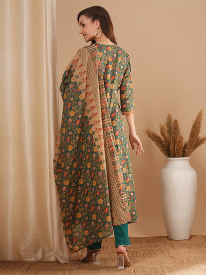 Ethnic Floral Printed & Embroidered Anarkali Flared Kurta with Pant and Dupatta - Green