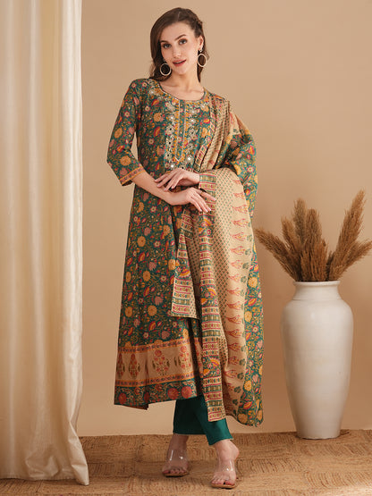 Ethnic Floral Printed & Embroidered Anarkali Flared Kurta with Pant and Dupatta - Green