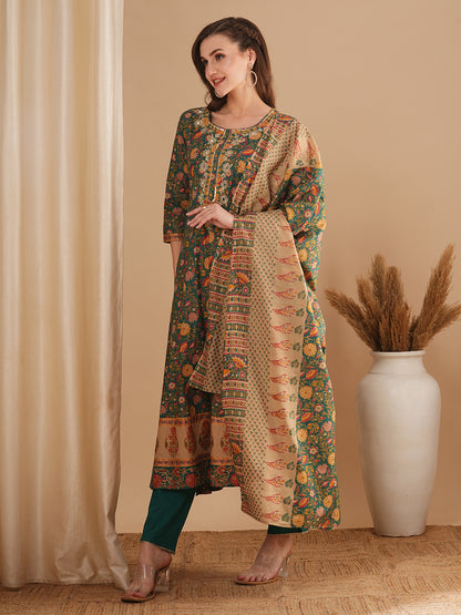 Ethnic Floral Printed & Embroidered Anarkali Flared Kurta with Pant and Dupatta - Green