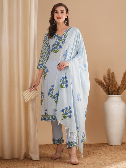 Floral Block Printed Straight Fit Kurta with Pant and Dupatta - Blue