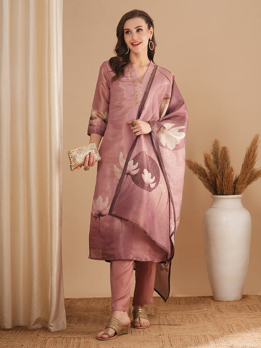 Floral Printed & Embroidered Straight Fit Kurta with Pant & Dupatta - Pink