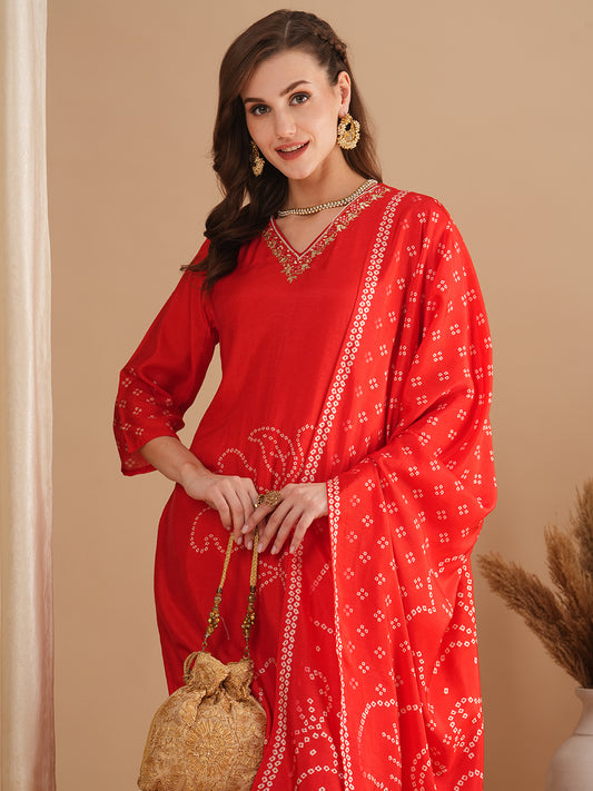 Bandhani Printed & Embroidered Straight Fit Kurta with Pant & Dupatta - Red