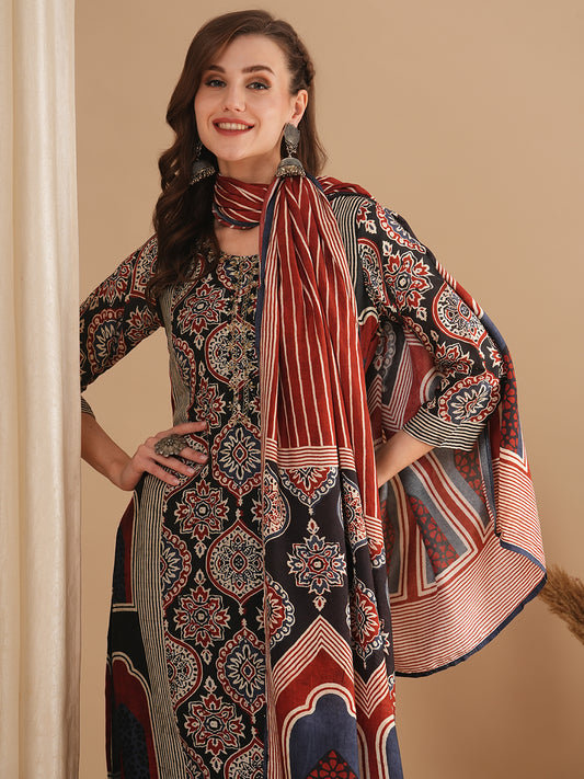 Ethnic Printed & Embroidered Straight Kurta with Pant & Dupatta - Blue