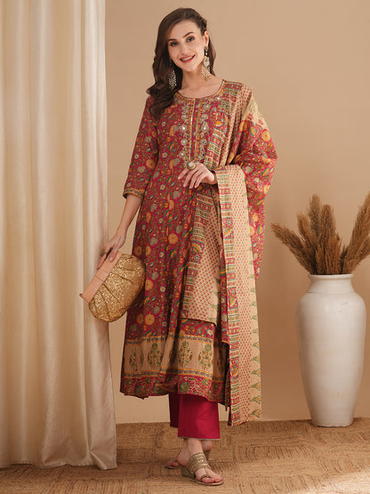 Ethnic Floral Printed & Embroidered Anarkali Flared Kurta with Pant and Dupatta - Pink