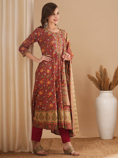 Ethnic Floral Printed & Embroidered Anarkali Flared Kurta with Pant and Dupatta - Pink