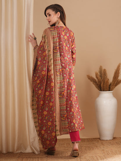 Ethnic Floral Printed & Embroidered Anarkali Flared Kurta with Pant and Dupatta - Pink