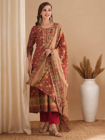 Ethnic Floral Printed & Embroidered Anarkali Flared Kurta with Pant and Dupatta - Pink