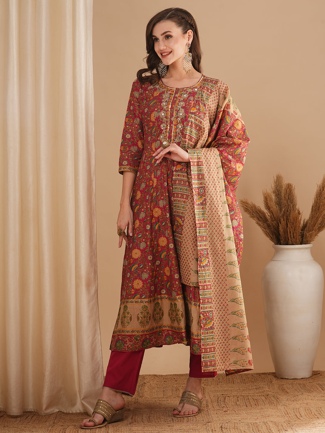 Ethnic Floral Printed & Embroidered Anarkali Flared Kurta with Pant and Dupatta - Pink