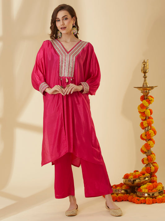 Solid Embroidered Kaftan Style Kurta with Pant - Pink