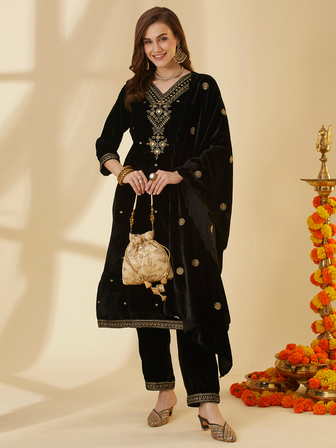 Solid Floral Embroidered Straight Velvet Kurta with Pant & Dupatta - Black