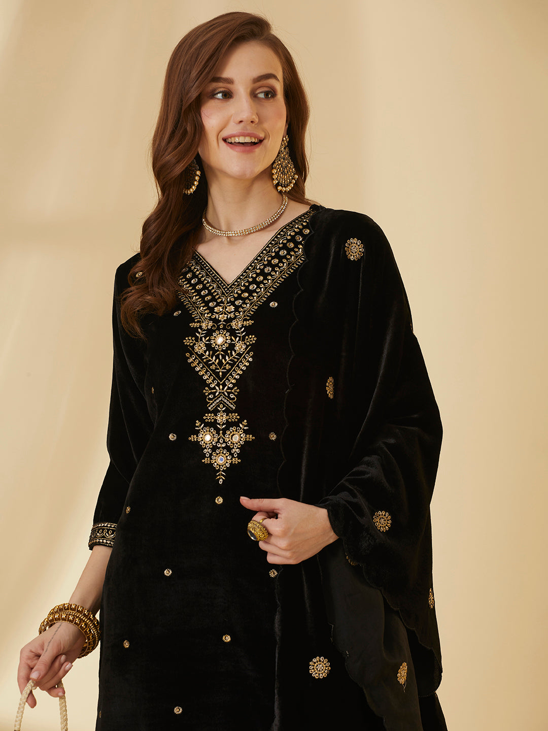 Solid Floral Embroidered Straight Velvet Kurta with Pant & Dupatta - Black