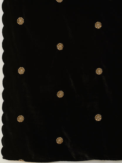 Solid Floral Embroidered Straight Velvet Kurta with Pant & Dupatta - Black