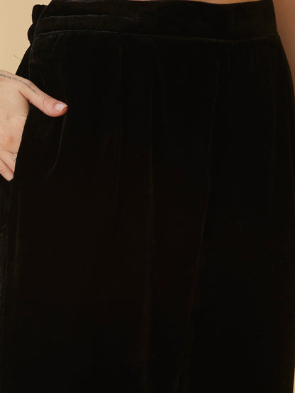 Solid Floral Embroidered Straight Velvet Kurta with Pant & Dupatta - Black