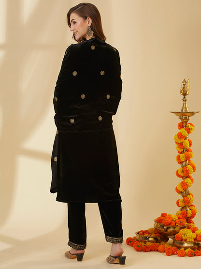 Solid Floral Embroidered Straight Velvet Kurta with Pant & Dupatta - Black