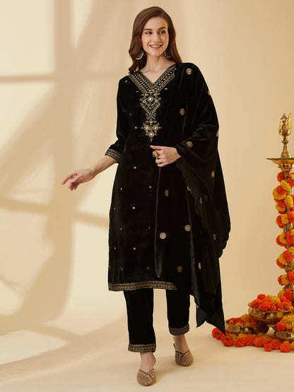 Solid Floral Embroidered Straight Velvet Kurta with Pant & Dupatta - Black