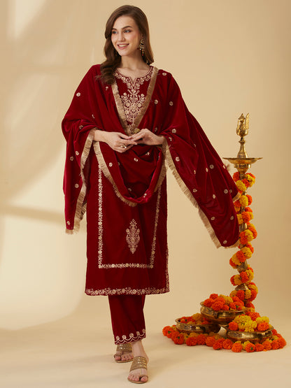 Solid Floral Zari Embroidered Straight Velvet Kurta with Pant & Dupatta - Red