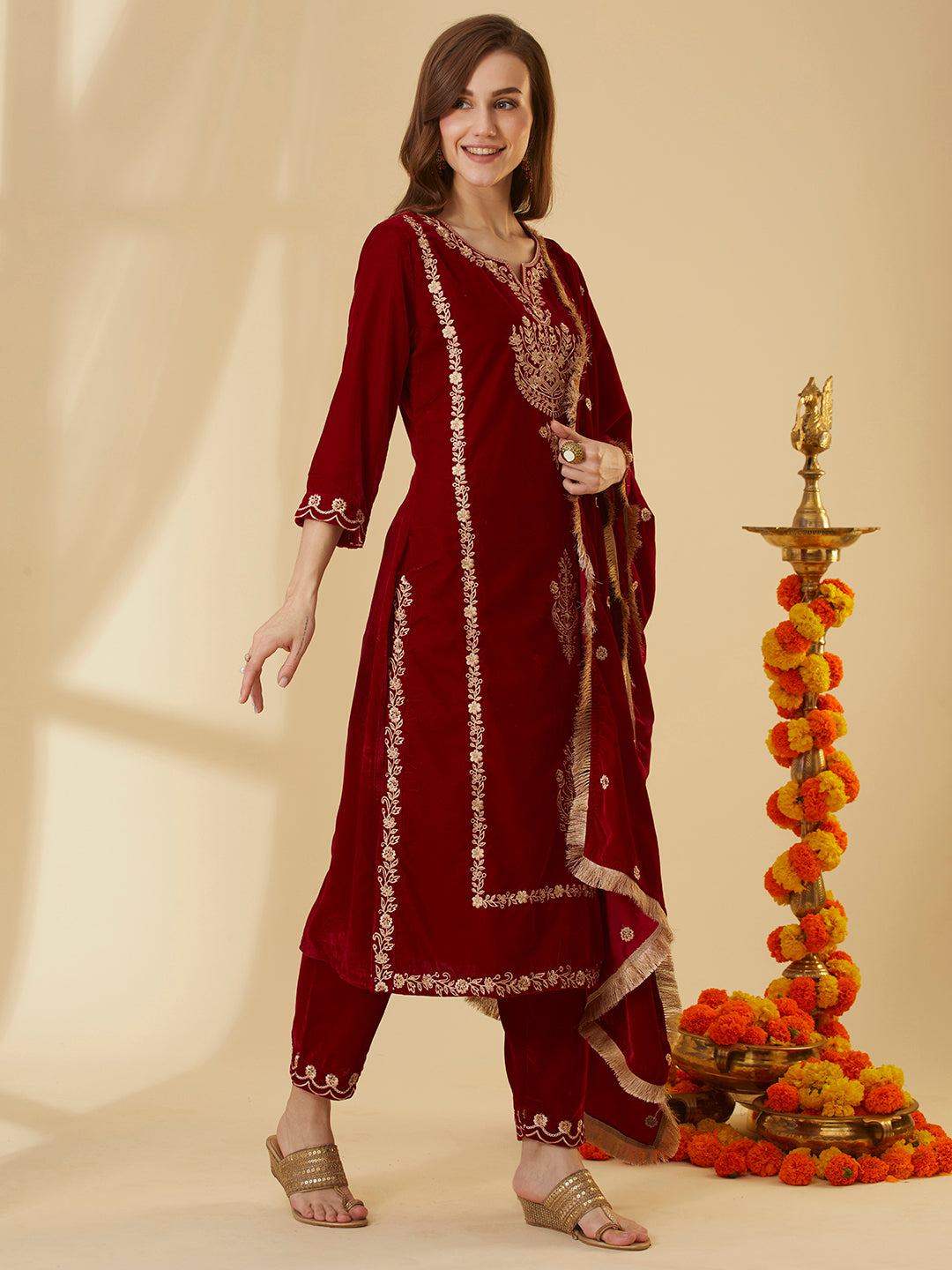 Solid Floral Zari Embroidered Straight Velvet Kurta with Pant & Dupatta - Red