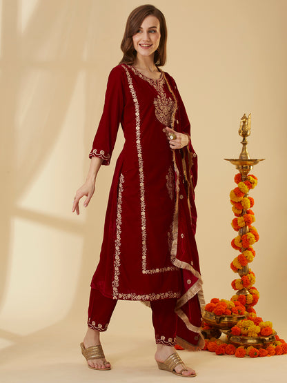 Solid Floral Zari Embroidered Straight Velvet Kurta with Pant & Dupatta - Red