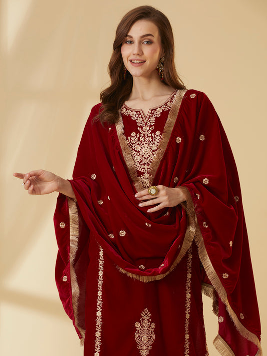 Solid Floral Zari Embroidered Straight Velvet Kurta with Pant & Dupatta - Red