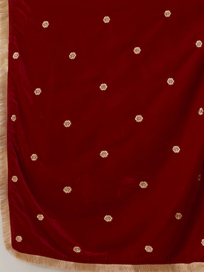 Solid Floral Zari Embroidered Straight Velvet Kurta with Pant & Dupatta - Red